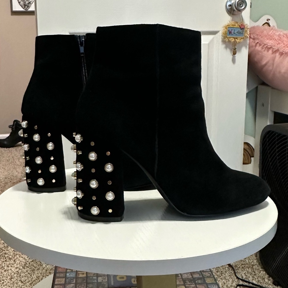 Steve Madden Yvette Embellished Black Genuine Suede Ankle Boots